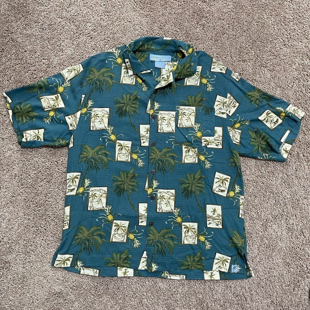 Bermuda Bay Shirt Mens Large Teal Blue‎ Silk Tropical Palm Tree Button Down